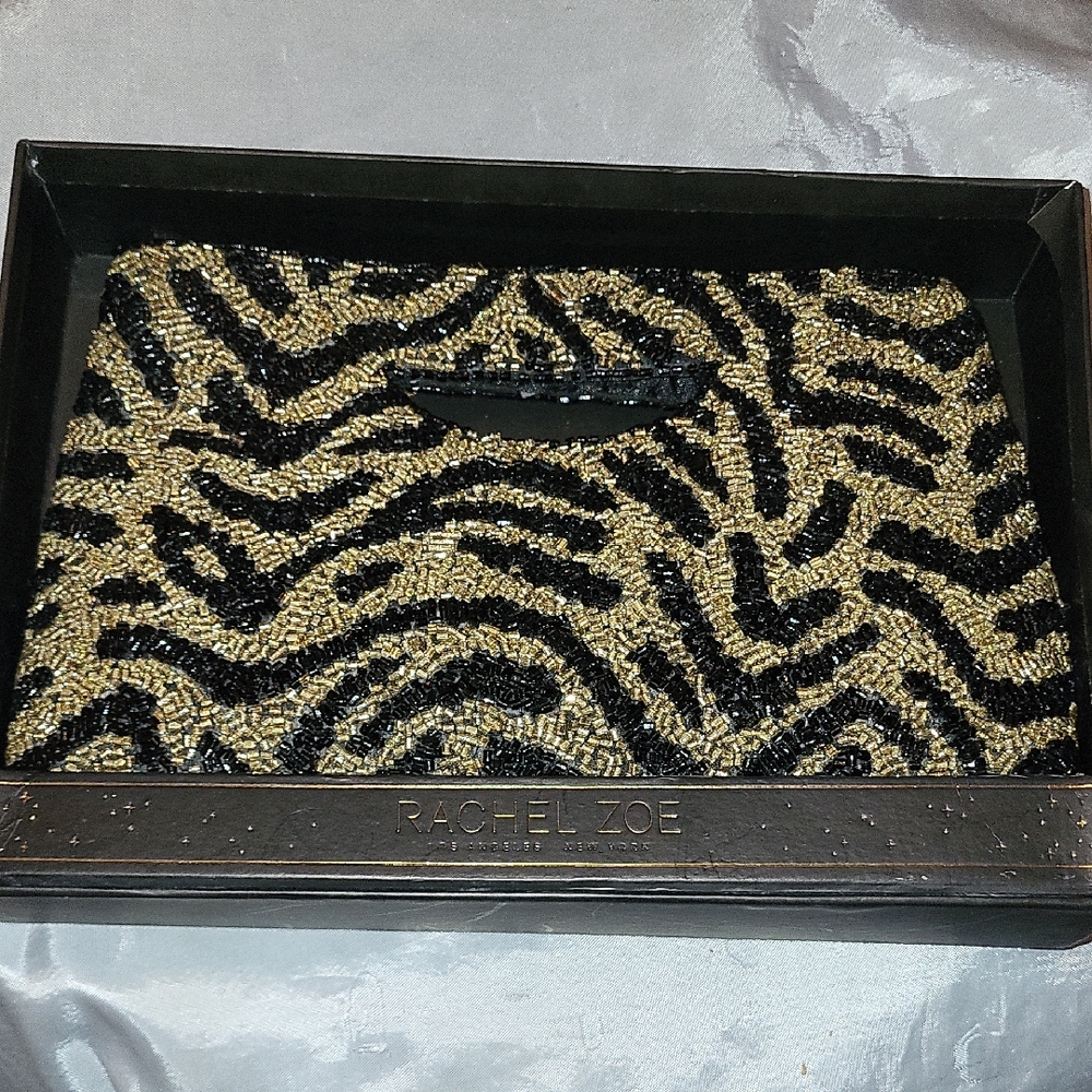 Rachel Zoe Black & Gold Beaded Zebra Clutch W Chain Strap Bnib Rt Ta M